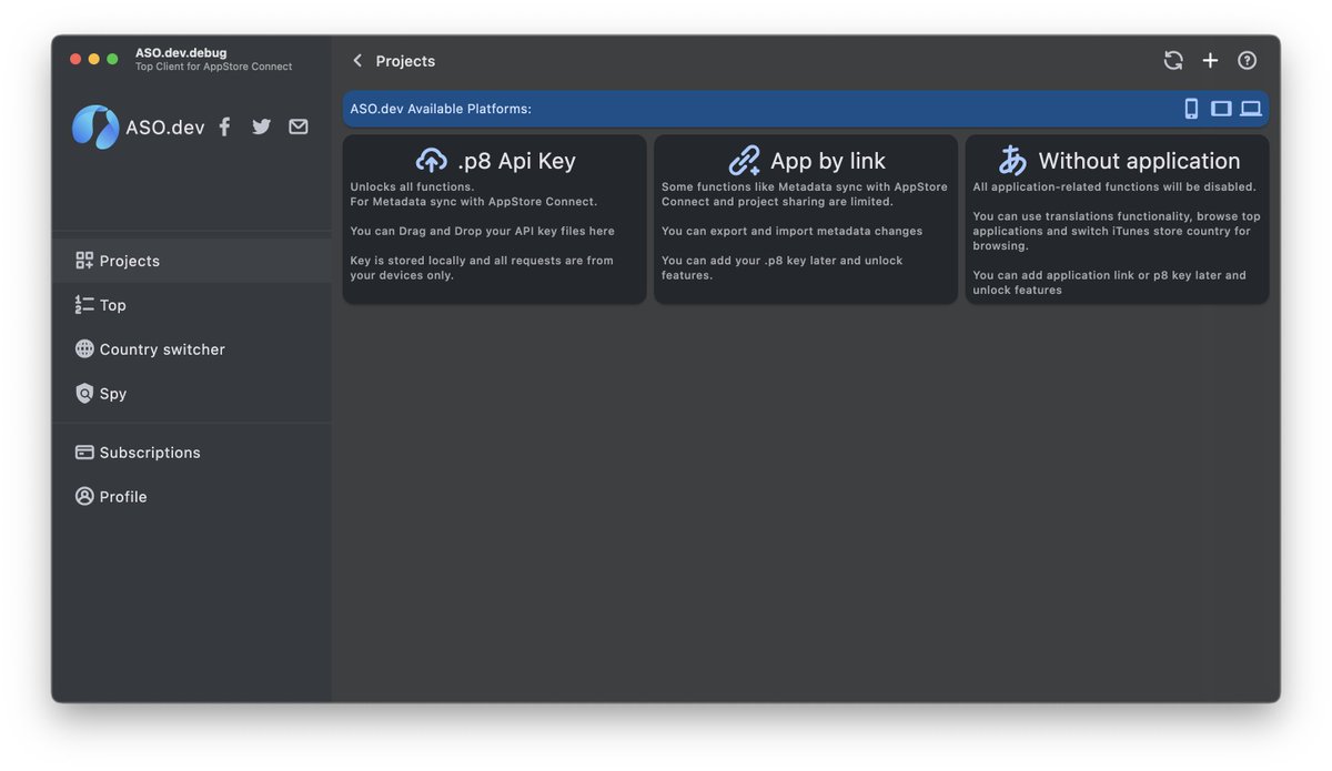 Luvti_dev's tweet photo. New UI/UX for Projects Screen. 🚀
No more complex forms on startup.
Separated forms for add project by .p8 key, by application link and without app with limited functions.
#buildinpublic #UI #ASO #asodev
@dev_aso https://t.co/udW61Fbds7