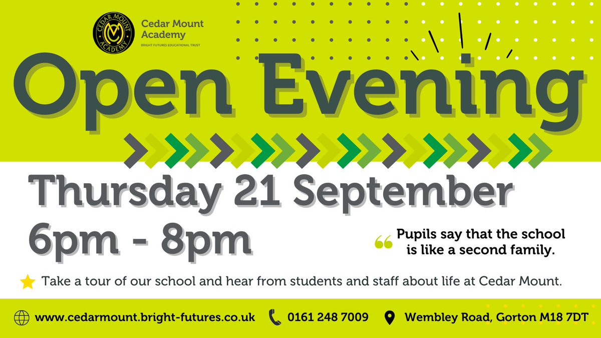 ⭐️ OPEN EVENING ⭐️
Join us for our Open Evening this September to learn more about life at Cedar Mount! 

Register your place cedarmount.bright-futures.co.uk/open-evening/

#OpenEvening #TheCMAWay