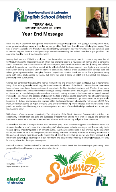 NLSchoolsCA's tweet photo. Please find the following Year End Message from Terry Hall, Superintendent (Interim) of the NLESD https://t.co/wQinYKpbKf