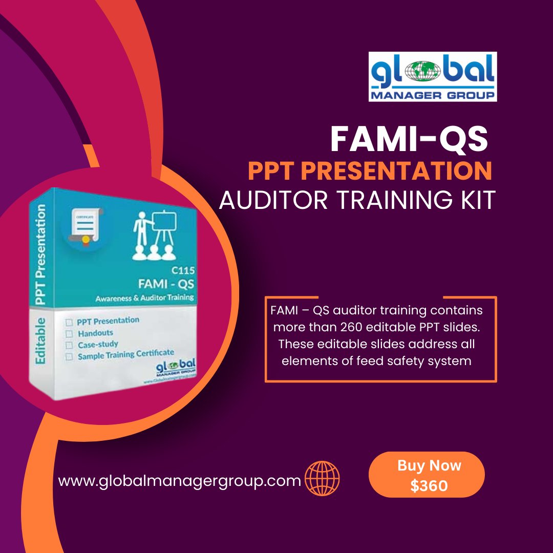 ISOconsult_GMG's tweet image. The FAMI-QS Training kit comprises of more than 260 ppt presentation slides and designed to clearly communicate . To Know More :globalmanagergroup.com/Products/FAMI-…… #FAMI-QS #trainingkit #ppt #presentation #editable #document #foodsafetysystem #certification #globalmanagergroup