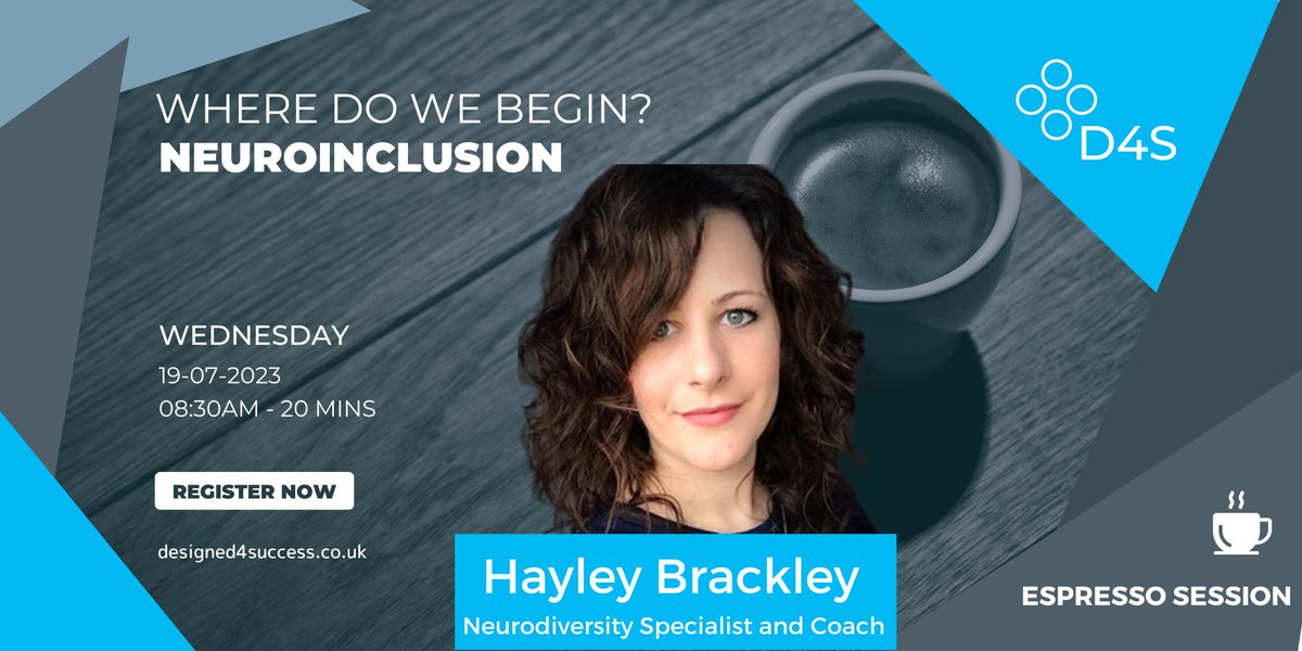 D4S_Ltd's tweet photo. Our Neuroinclusion #EspressoSession is coming up in July! ✨
Hosted by D4S diversity specialist Hayley Brackley.
Explore how you can create neuroinclusive environments for your team and more
Book your seat. It’s free! 💌
https://t.co/CAFGPoMHRs
#webinaralert #neurodiversity https://t.co/nbCWbUy1fi