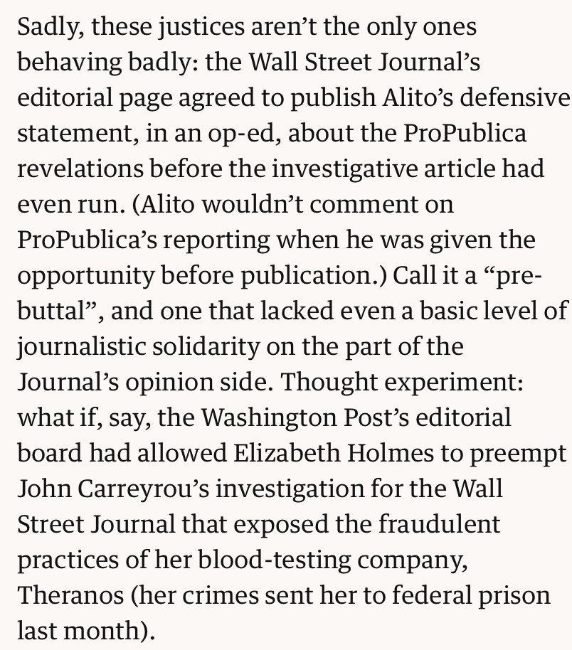 A little thought experiment on WSJ’s decision to publish Alito’s pre-buttal of the ⁦@propublica⁩ investigation. From my new ⁦@GuardianUS⁩ column, linked below