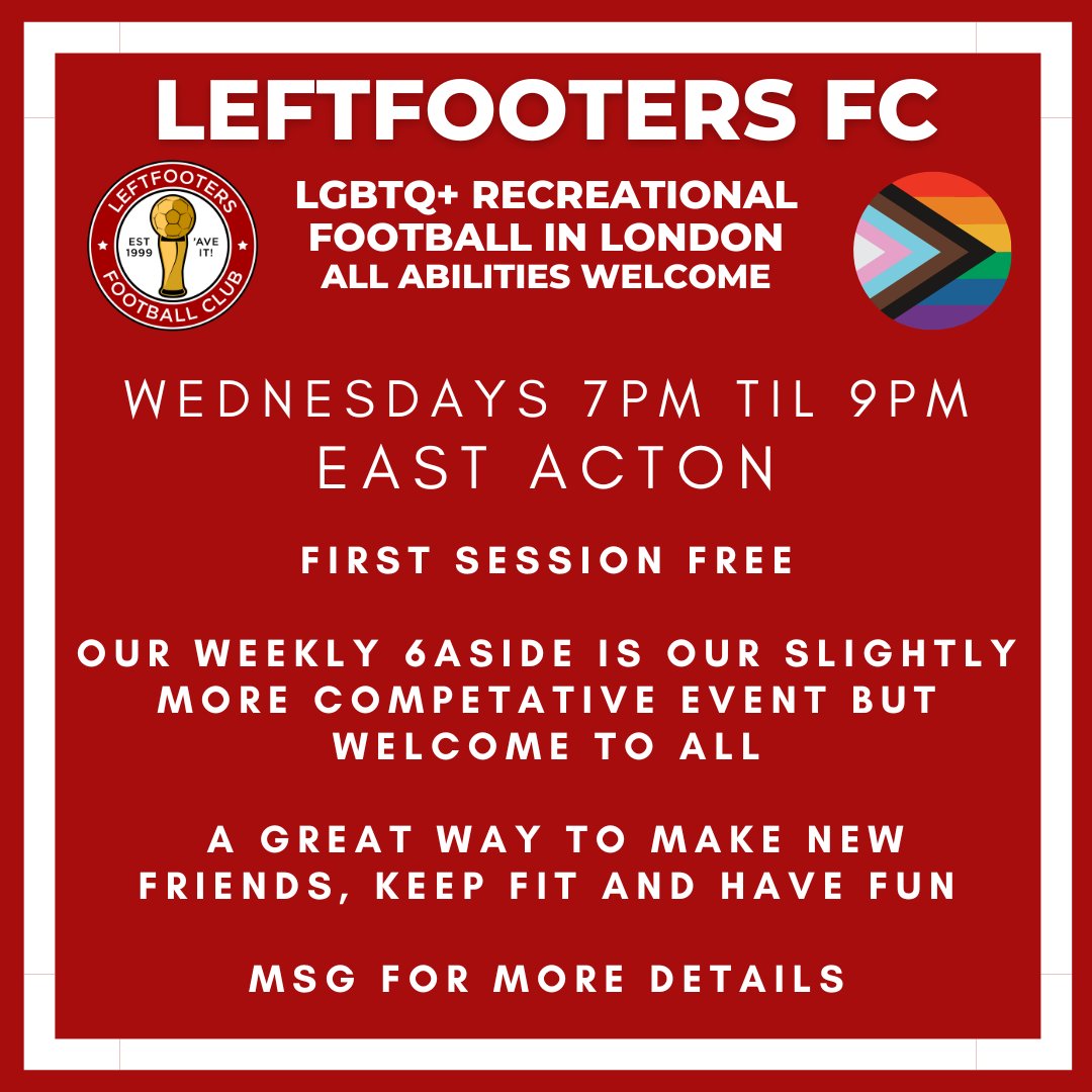 Wednesday nights are our 6aside night. Fun, friendly football that is open to all. If you're looking to make more LGBTQ+ friends, work on fitness or just looking to try something new why not give it a go? LGBTQ+ football for all