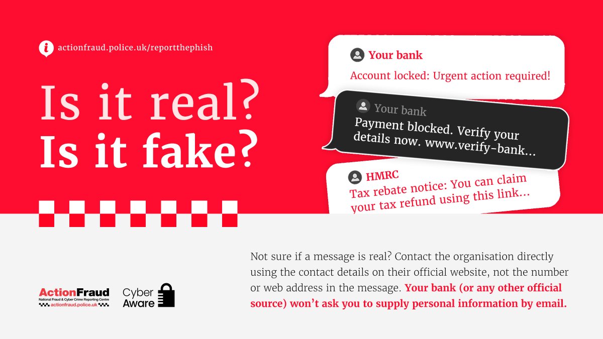 Not sure if a message you've received is real or fake?

✅Contact the organisation directly using contact info on their official website

❌Do NOT use the number or link in the message

#ReportThePhish