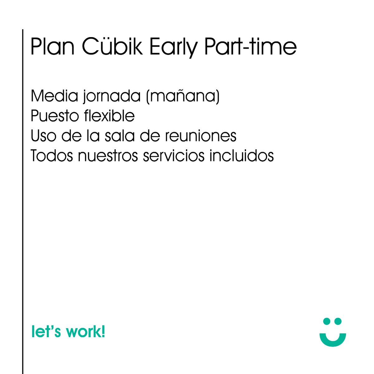 Un plan para aquel que trabaja por las mañanas. Disfruta de nuestros servicios incluidos y usa nuestra sala de reuniones para lo que necesites. Cübik te espera. 😉

Para más información, visita nuestra web. 

#cubik #cubikspace #coworking #espaciosdetrabajo #albacete