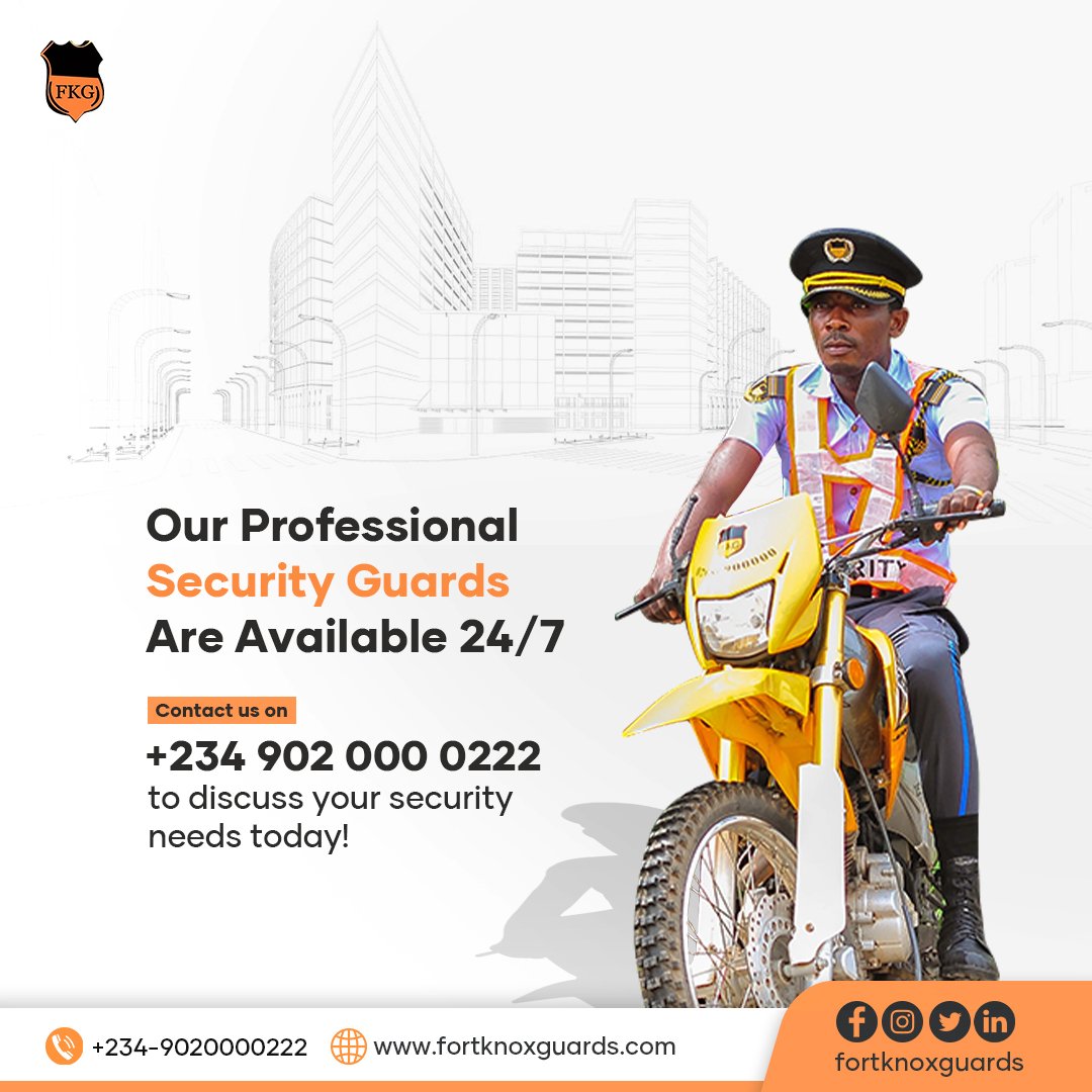 Our professional security guards are available 24/7.
 
Your safety comes first for us at #fortknoxguards. Contact us today on 09020000222 for all your security and safety needs.

#FortGuards #Guards #Security #Safety #SecurityGuard #FortKnox #Nigeria #Lagos #Abuja