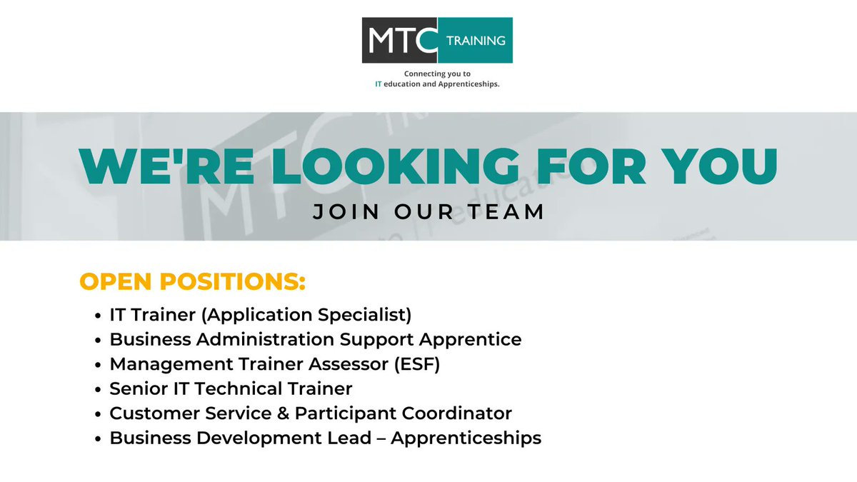 Training_MTC's tweet photo. 📣 Join our team at MTC Training! 🚀

- IT Trainer (Application Specialist)
- Business Admin Support Apprentice
- Management Trainer Assessor (ESF)
- Senior IT Technical Trainer
- Customer Service &amp; Participant Coordinator
- Business Development Lead – Apprenticeships https://t.co/iRN1rb7Er9
