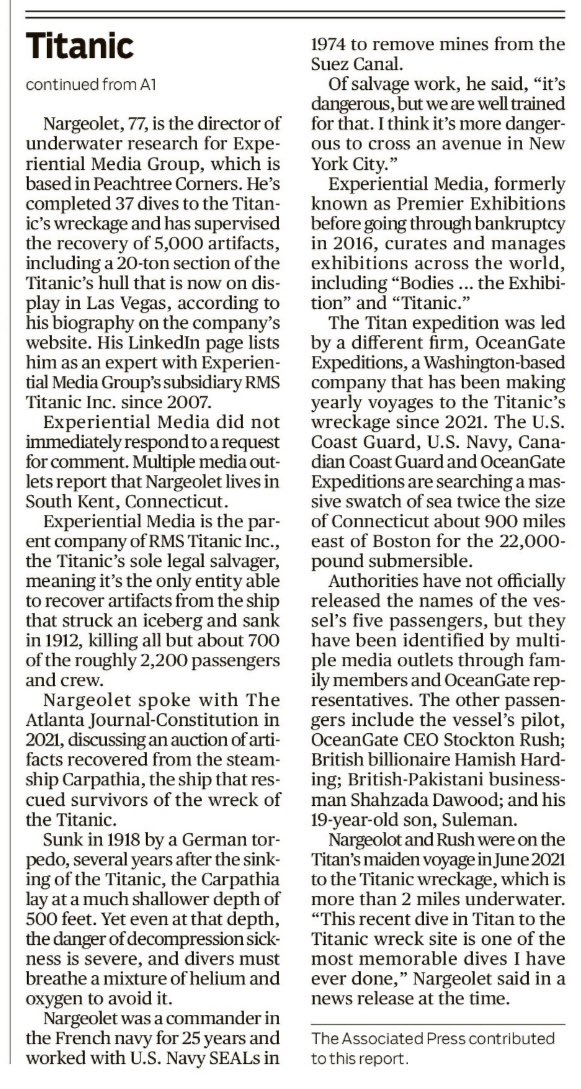 A former French navy officer known as “Mr. Titanic,” who is director of underwater research for a metro Atlanta exhibition company, is among the 5 inside the missing submersible that sparked an international rescue mission.

More from <a href="/boemerson/">Bo Emerson</a> and myself on A1 in today’s <a href="/ajc/">Atlanta Journal-Constitution</a>.