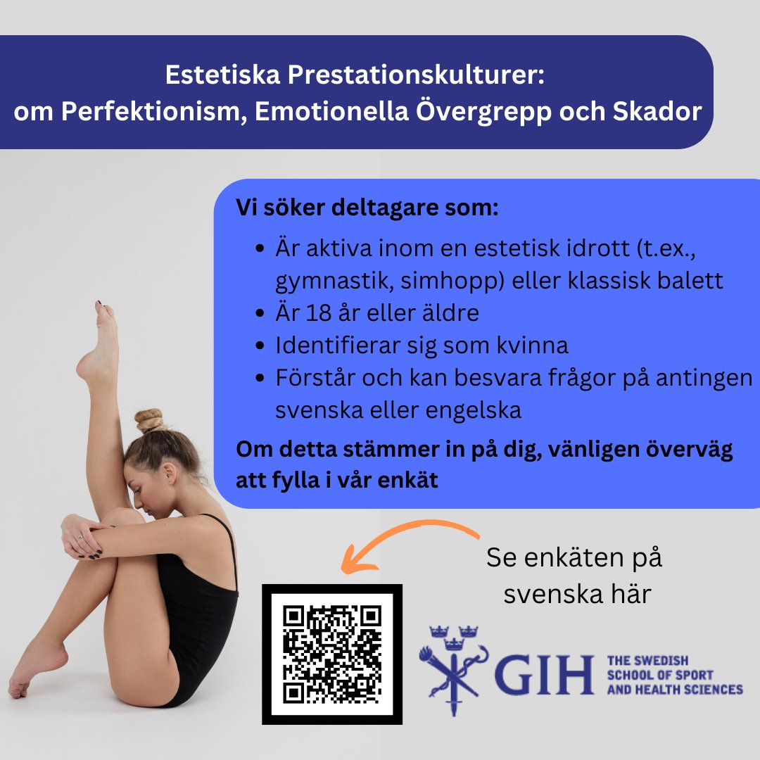 🌟NEW STUDY🌟 My colleagues and I at GIH have begun collecting data for a study about perfectionism, emotional abuse, and injuries. We are recruiting people from all over the world 🌍 Please share if you have contacts from aesthetic sports or ballet🤸‍♀️