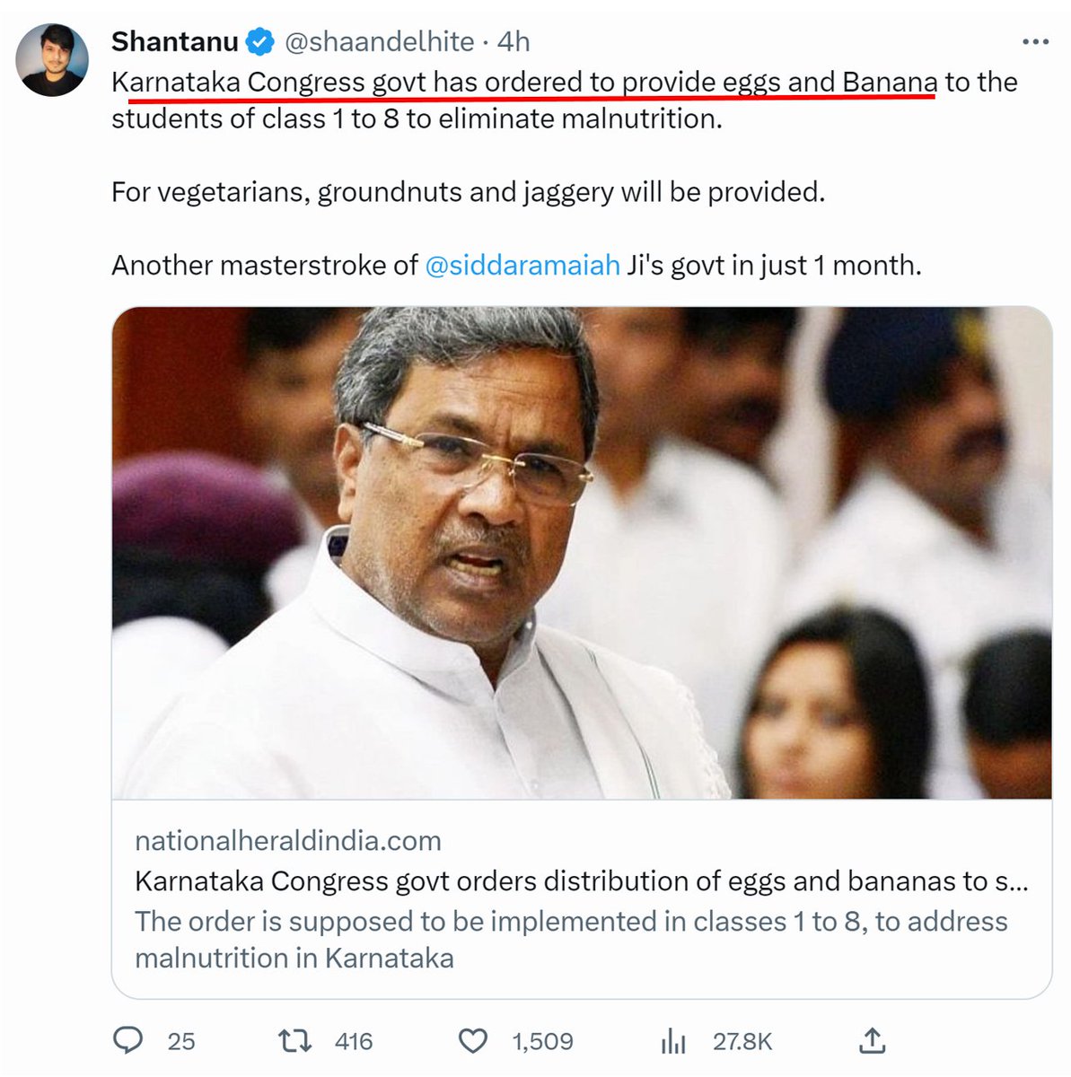 Masterstroke?

Yesterday was on AC in trucks which I busted. Now its on Eggs in Mid-day meals.

BJP's Bommai govt introduced eggs & bananas in schools in Sept'22

Bommai govt was already supplying eggs & Bananas to 45 lakh students of class 1 to 8 twice a week.

1/n