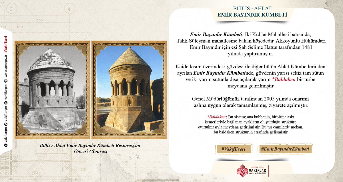 VakiflarGM's tweet photo. 📍BİTLİS/AHLAT
🕌 EMİR BAYINDIR KÜMBETİ

Ahlat, Bitlis’in “Kubbetü’l-İslam”, “Beldetü’l Türk” gibi sıfatlarla anılan birçok medeniyete ev sahipliği yapmış tarihi ve kültürel zenginliğimizin en güzel örneklerini barındıran ilçesidir. Kadim tarihimize ışık tutan Emir Bayındır Kümbeti’ni Şah Selime Hatun 1481 yılında inşa ettirmiştir.

#Bitlis #Ahlat #EmirBayındırKümbeti #Restorasyon