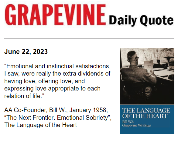 eastlancsaa's tweet photo. #Grapevine
“#Emotional and instinctual satisfactions, I saw, were really the extra dividends of having #love, offering love, and expressing love appropriate to each relation of life.”
#AA #BillW “The Next Frontier: Emotional #Sobriety” The #LanguageoftheHeart
#Recovery #ODAAT https://t.co/Kq7GxfsLGY