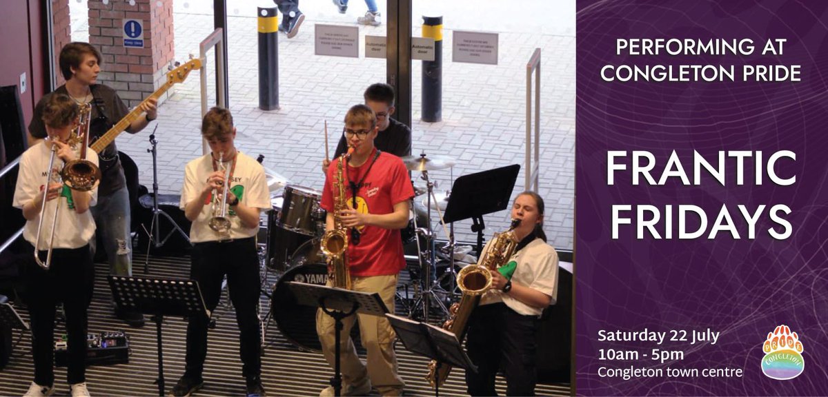 CongletonPride's tweet photo. Making their Congleton Pride debut.... @FranticFridays will be on the main stage!!!! Bringing their Jazz/Rock sound to the main stage on Saturday 22nd July. 🖤🤍🤎❤️🧡💛💚💙💜  #pride2023 #pride #pridemonth #Pride #congleton #congletontown #congletonpride #congletonpride2023 https://t.co/94Sc3QwcDY