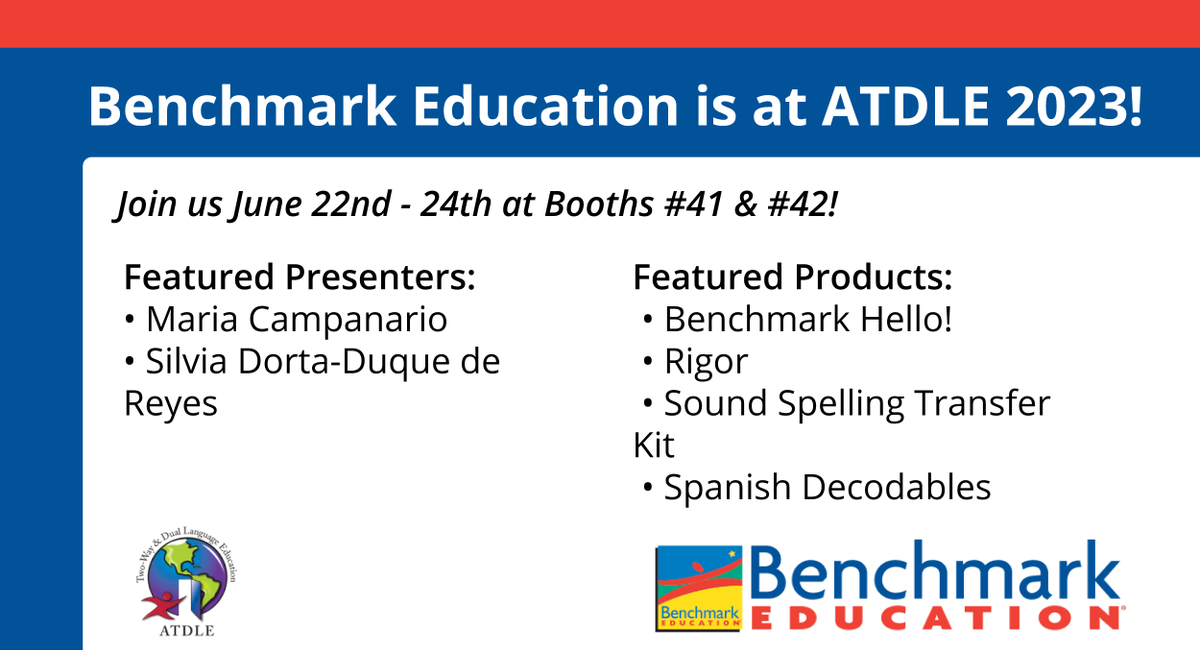 BenchmarkEdu's tweet photo. Benchmark Education is at the 2023 ATDLE Conference! Join us at our booth for informative resources and attend many informative sessions from experts on bilingual education. #ATDLE #ATDLE2023
Learn more→ https://t.co/Jzf3f5x5LO https://t.co/qm2cOzDEwp