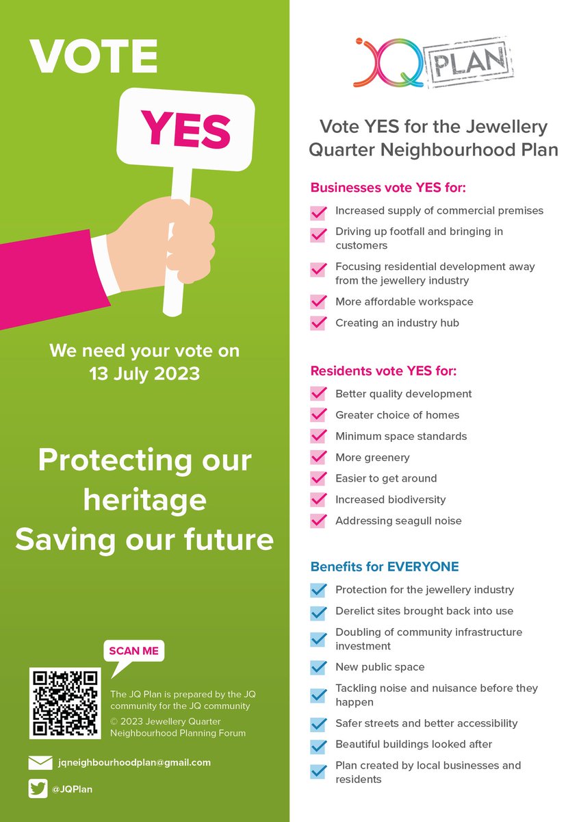 📢📢 3 WEEKS TO GO📢📢

On Thursday 13th July the #JQPlan referendum will take place 🗳️

Here's why you should vote YES ✅

These leaflets are appearing all around the JQ - show your support by displaying in your window 🪟

Further information: jewelleryquarter.net/jqdt-projects/…