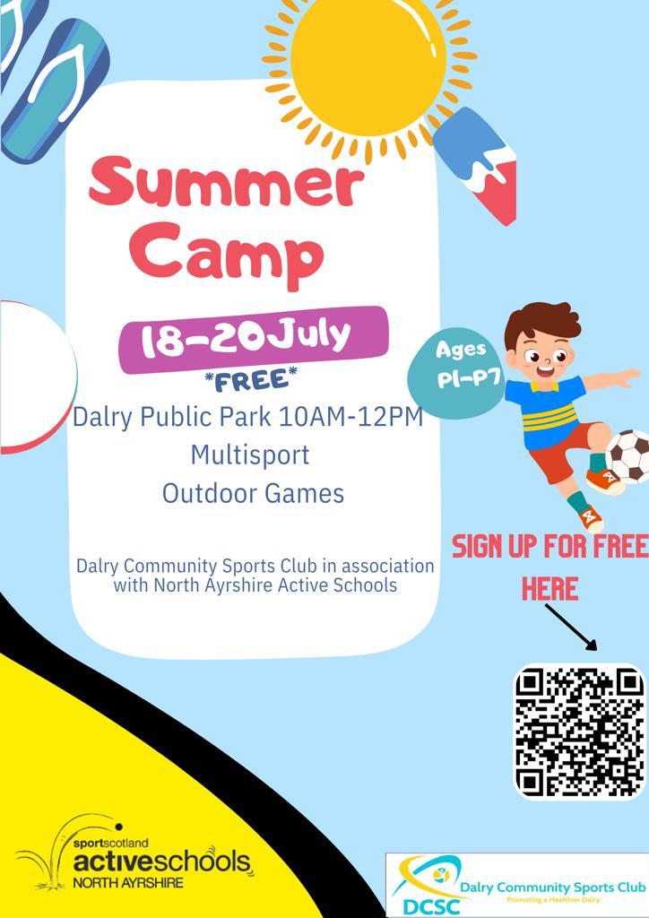 #NAParticipation 💛🖤

Great opportunity this summer to get involved in our summer camp with @DalryCSC ⚽️

Sign up using the QR code below for some fun filled activities! Closing date will be 12th July.

#BuildingStrongCommunities

#NAActive