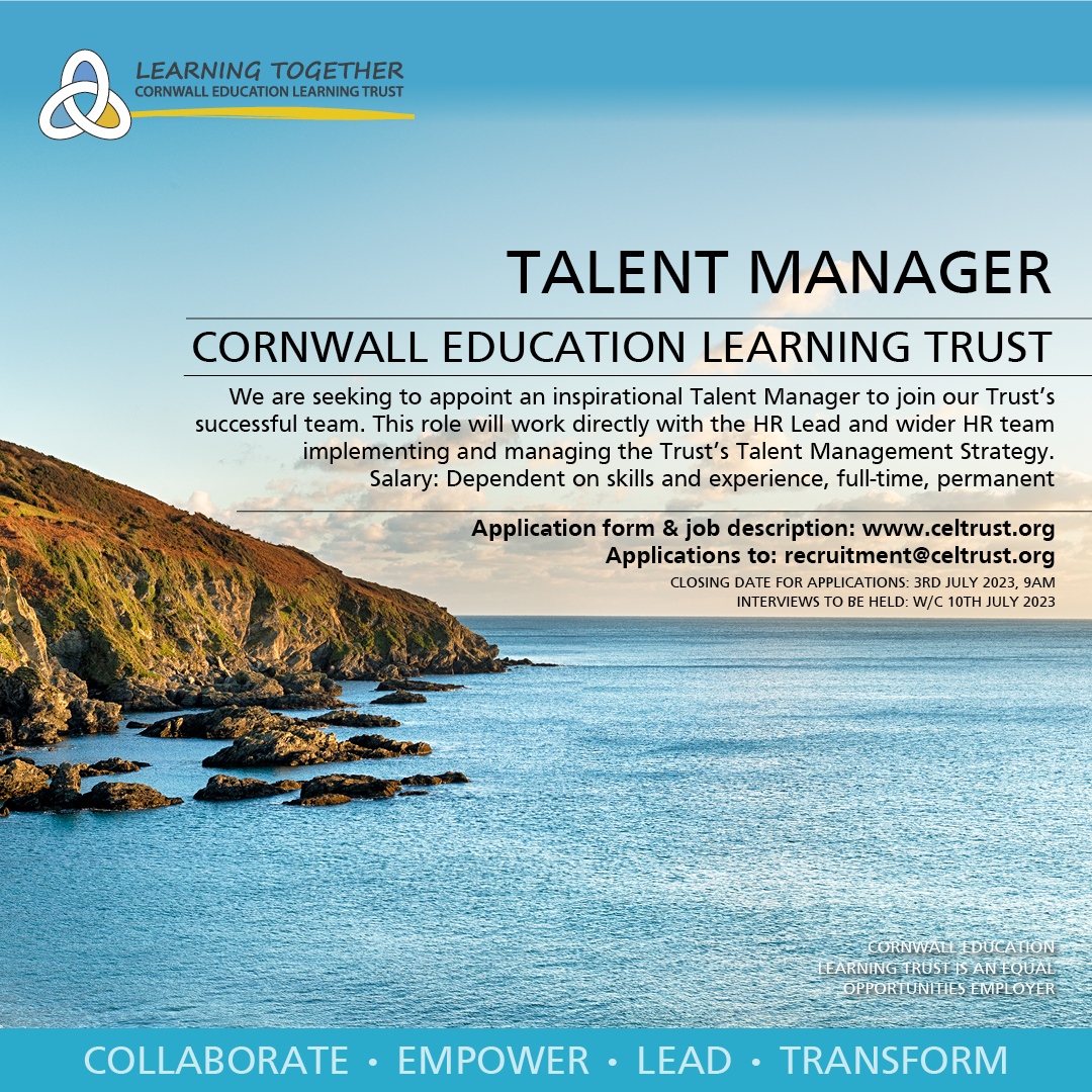 Due to successful Trust growth, we are pleased to announce some exciting opportunities in our central HR team. 
Email: recruitment@celtrust.org. 
⁠
#CELTrust #Cornwall #LoveCornwall #LearningTogether #CELTSchools #CornwallJobs #HumanResources #PeopleManagement #TalentManager