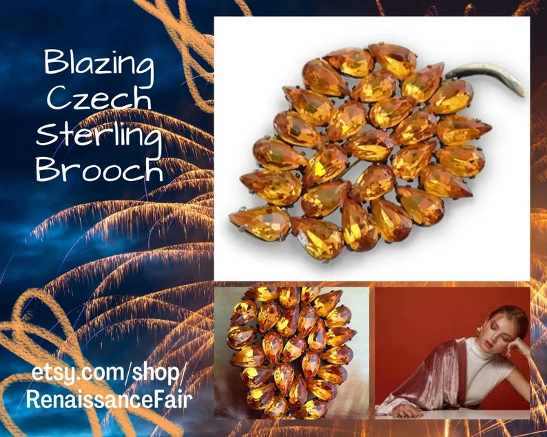 Glowing Topaz Rhinestone Sterling Brooch, Czech, Cluster, Leaf Floral with Stem, Vintage etsy.me/46kLEk4 #gold #floral #women #glass #midcentury #vintagebrooch #czech #sterlingsilver #topazrhinestones