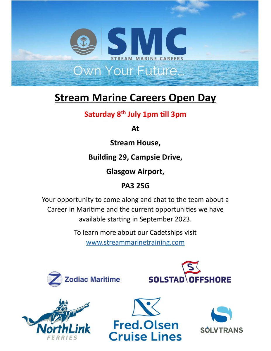 For rewarding careers with Northlink Ferries, Solstad Offshore and Solvtrans, our training agent Stream Marine are hosting an Open Day at their premises in Glasgow on the 8th July. We want Cadets for a 28th August start date in Peterhead, plenty of time to find out more!