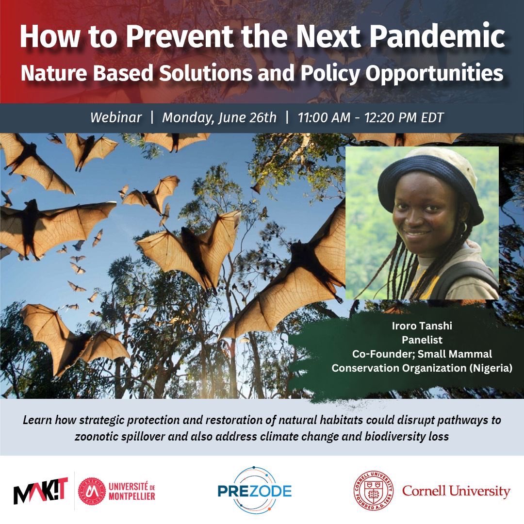 smaconbats's tweet photo. 📢 Join our cofounder @IroroTanshi and other experts for an insightful webinar on JUNE 26 - 11AM ET.
Theme “How to prevent the next pandemic with nature-based solutions and policy opportunities”🦇🛡🦠
#pandemic
#bats
#NatureBasedSolutions

Sign up here:
https://t.co/gTN0yNSTyk… https://t.co/cdjLhE81Hl