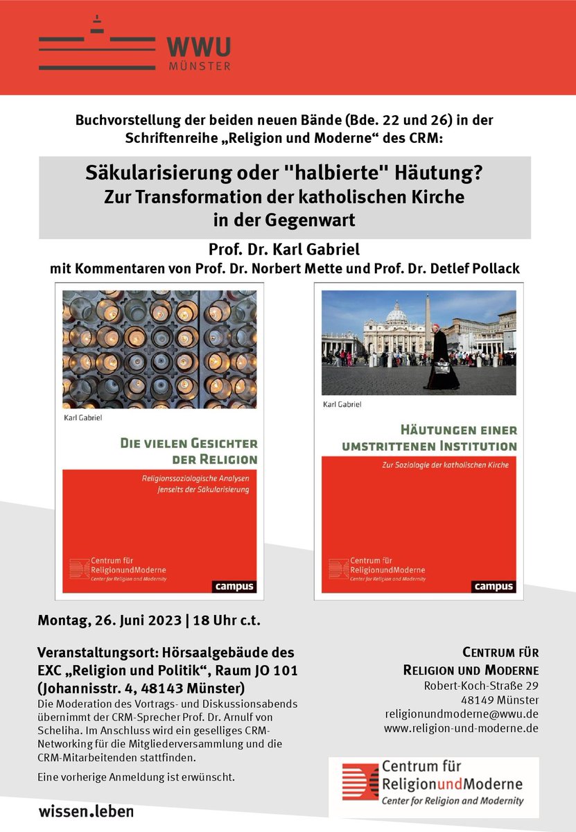 Am kommenden Montag wird Karl Gabriel seine beiden @Campusverlag-Bücher 'Die vielen Gesichter der #Religion' und 'Häutungen einer umstrittenen Institution' im Centrum für Religion und Moderne vorstellen 👇 #Religionssoziologie