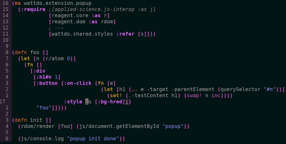 carnundotcom's tweet image. let&apos;s gooo

#ClojureScript + Reagent + local deps (rn just styles but soon specs etc) working in a Manifest V3 Chrome extension popup

MV3 fucks up the repl and what little cross-browser compatibility there used to be unfortunately, so will have to start small

but it&apos;s a start!