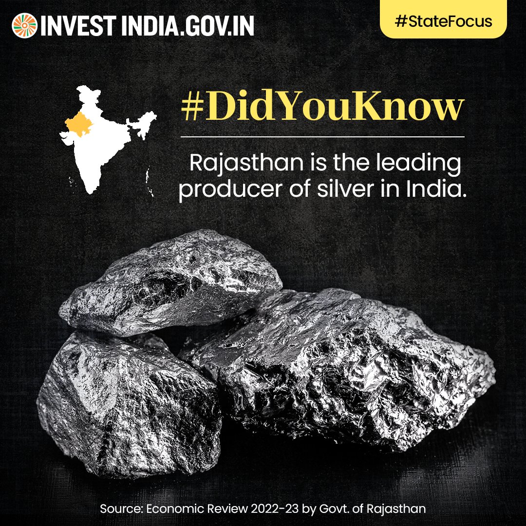 #StateFocus

The lead-zinc-silver deposits in Rajasthan are located at

➡️Zawar 
➡️Rajpura-Dariba-Bethumi
➡️Sindesar Kalan-Sindesar Khurd
➡️Rampura-Agucha and Pur-Banera 
➡️Dehri
➡️Kayer–Ghugra, Sawar

Know more: bit.ly/II-Rajasthan

#InvestInIndia #InvestInRajasthan