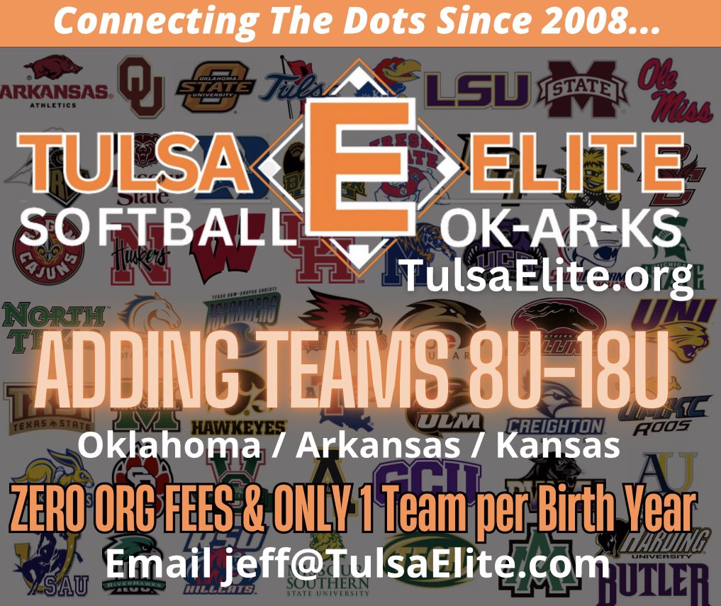 Tulsa Elite is looking to add strong teams for 2023-24
• ZERO Organization Fees
• teams based in OK, AR &amp; KS
• 1 team per birth year per region
• long history of college commits
• our teams get in all top events
• discounted Equipment &amp; Uniforms

Contact Jeff@TulsaElite.org