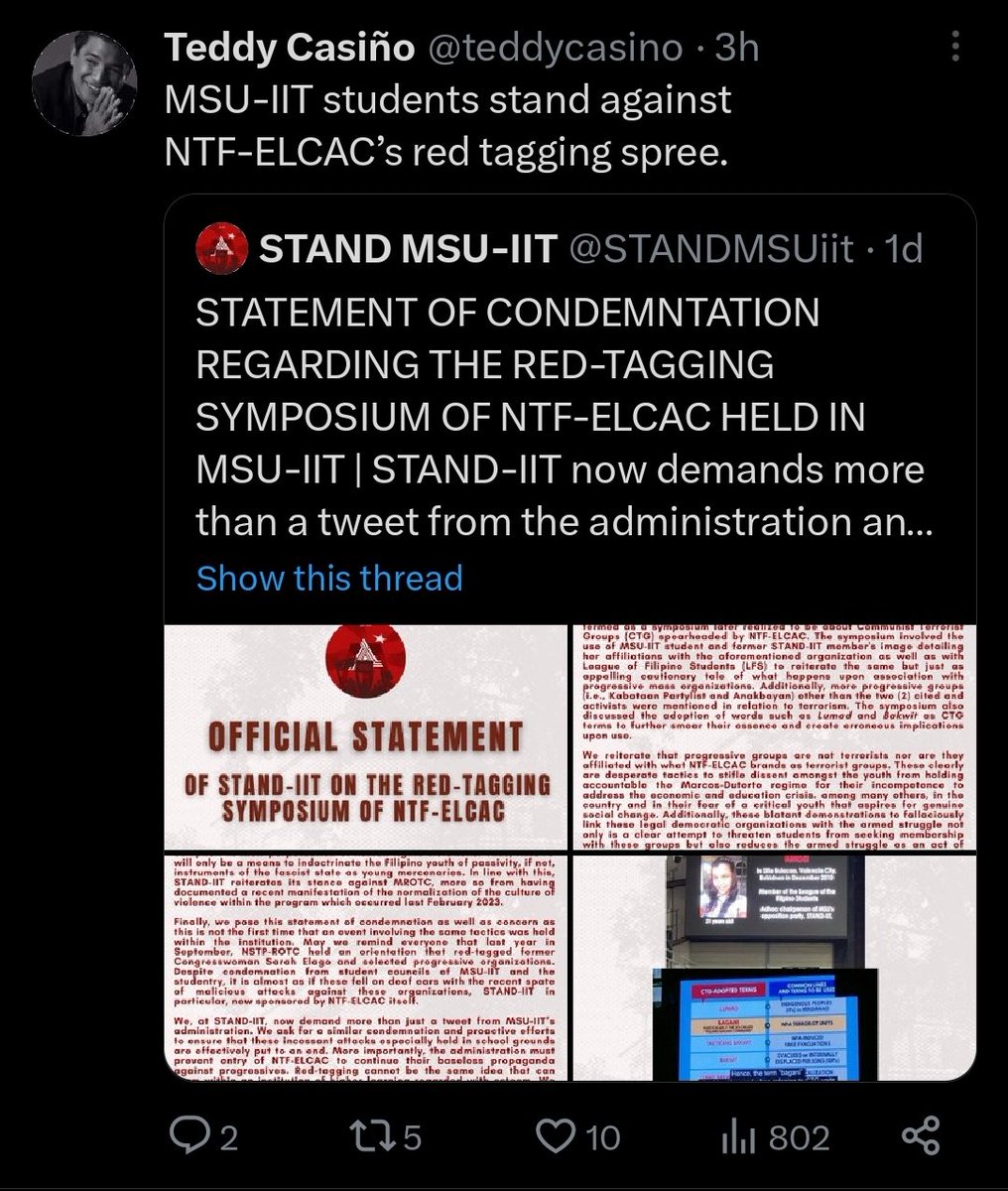 tedaks's tweet photo. DEAD AT 24 AS AN NPA

Dear Teddy,

You hailed STAND MSU IIT for standing against what you call as "NTF ELCAC's Red Tagging spree." You vehemently oppose activities that identify organizations that recruit for the NPAs and call it their freedom.

Now, look at the face of Aira Sinajon, DEAD AT 24 AS AN NPA, recruited from MSU IIT. The very same school you complimented for not wanting to listen to information that will protect them from being recruited to be NPAs. Previously you boasted about "there is no law criminalizing recruitment to LFS." Well Aira here was a radicalized to join the NPA while a member of LFS.

How can you sleep at night knowing that your actions have resulted to the death of these young people. 

One of these days, karma will catch up. It will... hope it will be soon.