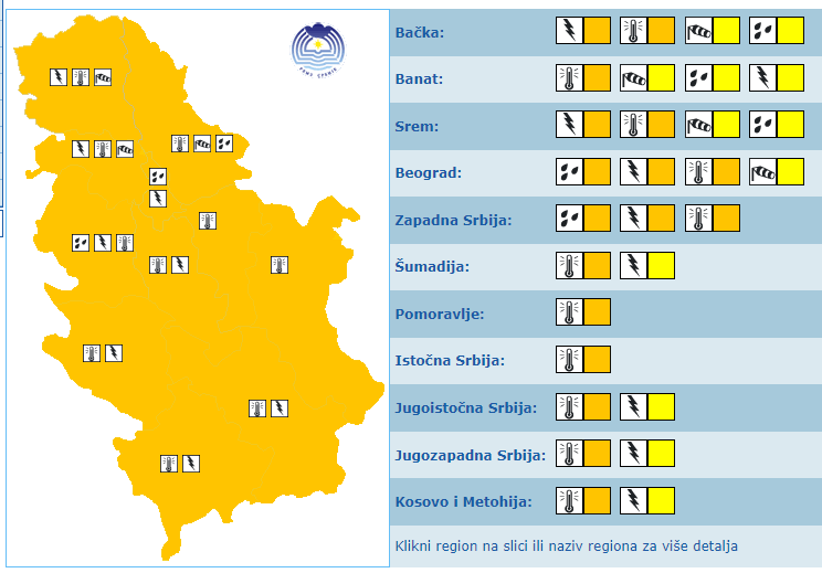Busy MeteoAlarm table for Serbia on Friday June 23. Warnings relate to possibilities for: 
- maximum temperature ≥ 35.0°C
- thunderstorms, which could be accompanied with heavy rain showers, hail and strong wind gusts.

MeteoAlarm: meteoalarm.rs/latin/meteo_al…