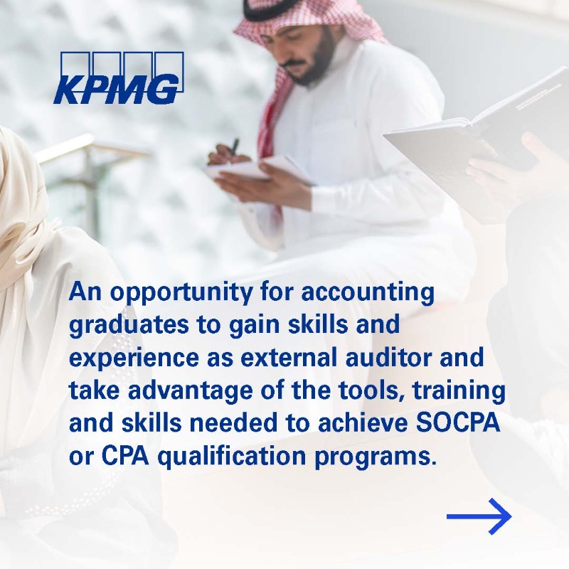 KPMGSaudiArabia's tweet photo. إذا كنت طالباً في تخصص محاسبة ومن المتوقع تخرجك هذا الصيف؟ انضم إلى برنامج الخريجين في قسم المراجعة لدينا في كي بي إم جي لبدء حياتك المهنية أو استكشاف فرص التدريب من خلال الوظائف في المراجعة أو الضرائب. اطّلع على المزيد وتقدّم من خلال الرابط.