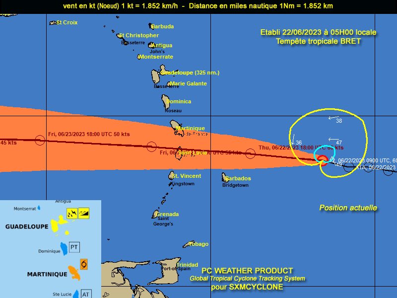 bienglace's tweet photo. 🟠🌪️La TT #Bret se rapproche dangereusement de la #Martinique. L'île sera largement impactée avec rafales jusqu'à 120 km/h et fortes pluies prévues cet après-midi et soirée. Vigilance ROUGE Cyclone dès 12h. Restez vigilants et suivez les consignes des autorités. https://t.co/XZK1wpImXB