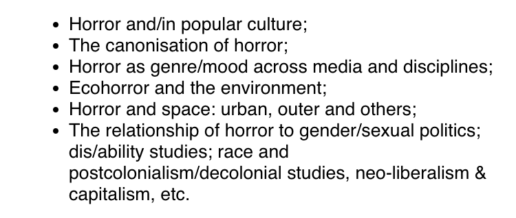 ~ TODAY ~

the interdisciplinary Horror Studies research group meets this afternoon, 2–3pm 

online and in-person at the centenary building (room 3023) on highfield campus

contact our brilliant ECRs @GiuliaChampion and @emily_baker18 for more info

indicative topics below