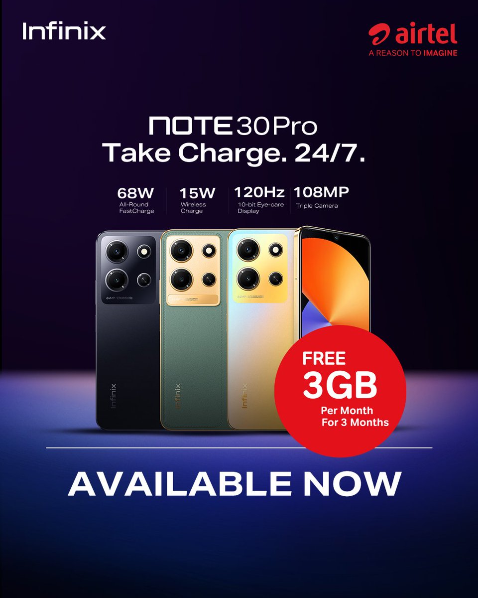 infinixuganda's tweet image. #NOTE30series are now available with an exclusive offer of FREE 3GB @Airtel_Ug  bundle for 3 whole months! 🎉📶
 Don't miss out on this unbeatable combo!
 Grab yours today and stay connected like never before. #InfinixNote30 #DataBundleDelight #AirtelUganda