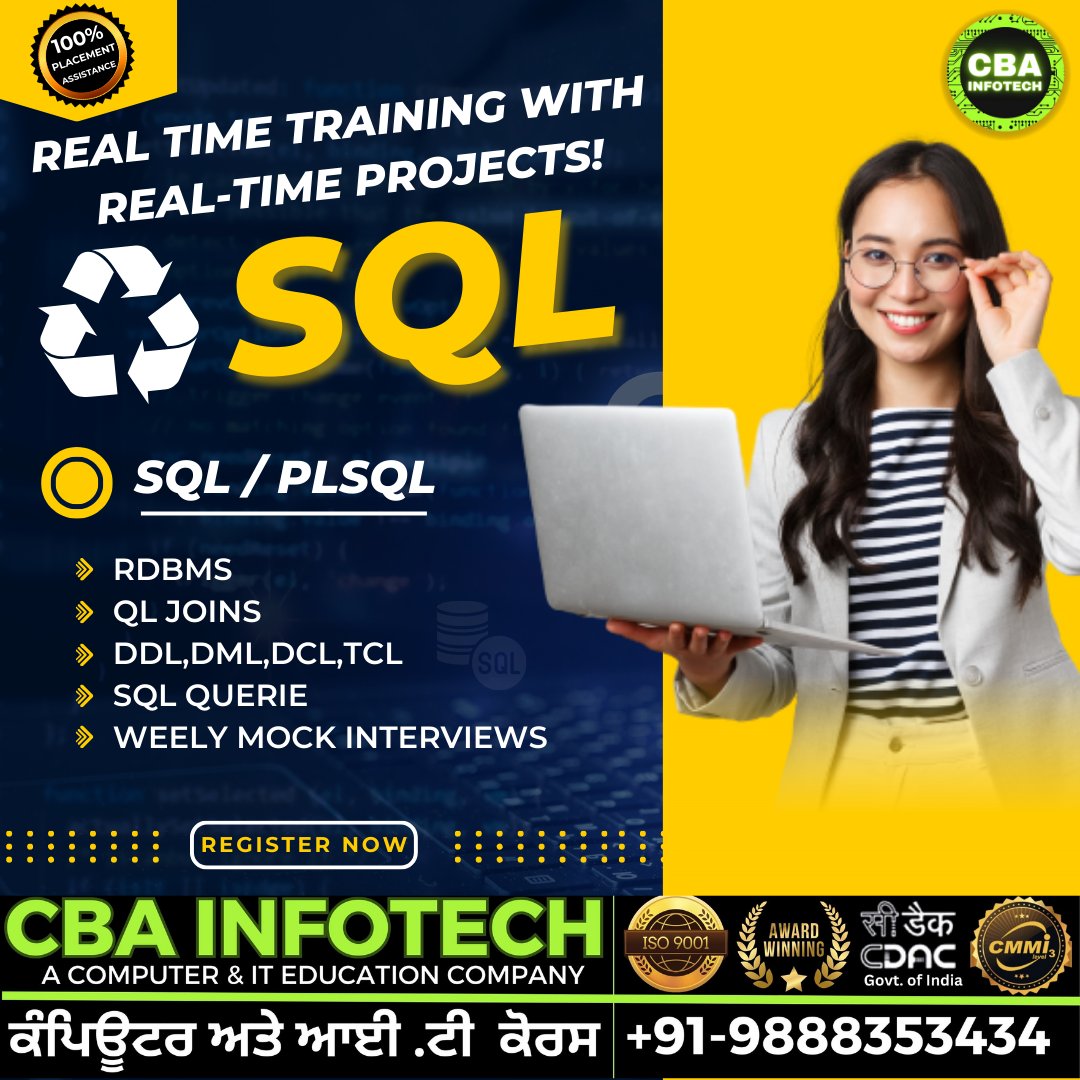 🎓 Worried about your future ?
🎓 Do you want to master a hot new skill
🎓 Here the most demanding profession of SQL developers and PLSQL developer.
🎓Master :-
🚀 RDBMS
🚀 QL JOIN
🚀 DDL,DML,DCL,TCL
🚀 SQL QUERIE
🎓Get real time traning with real time projects.