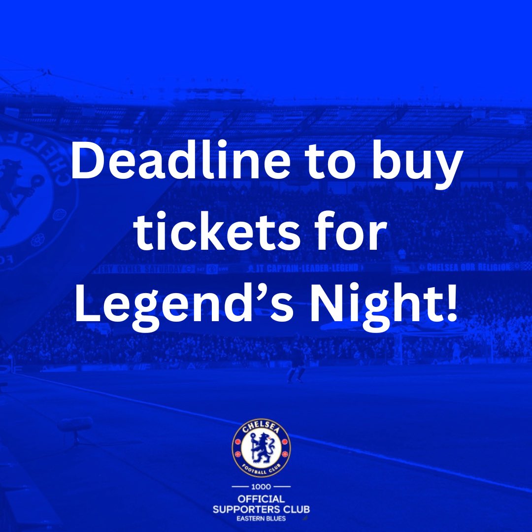 ⚽️ Legends Night Deadline ⚽️ 
The deadline to purchase tickets for this year’s legends night with <a href="/Original_Dubes/">Michael Duberry</a> hosted by <a href="/NeilSpyBarnett/">Neil Barnett</a> is this Sunday 25th June at 11:59pm. All details can be found under the Events tab on our website.
#CFC #KTBFFH #supportersclub #EBMW23