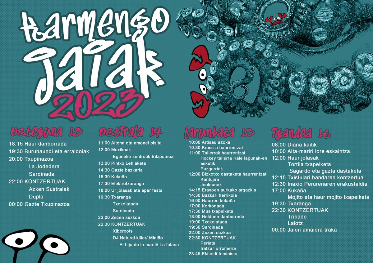 Gerturatzen ari dira hainbeste esperotako egunak!

Hemen dugu aurtengo jaien egitaraua. Adin guztietarako pentsatua. 

Ezingo zara etxean gelditu! Kontzertuez gain egunean zehar aukera ezberdinak izango dituzu!

 #BadatozKarmengoJaiak
#KarmengoJaiak2023
#KarmengoJaiak