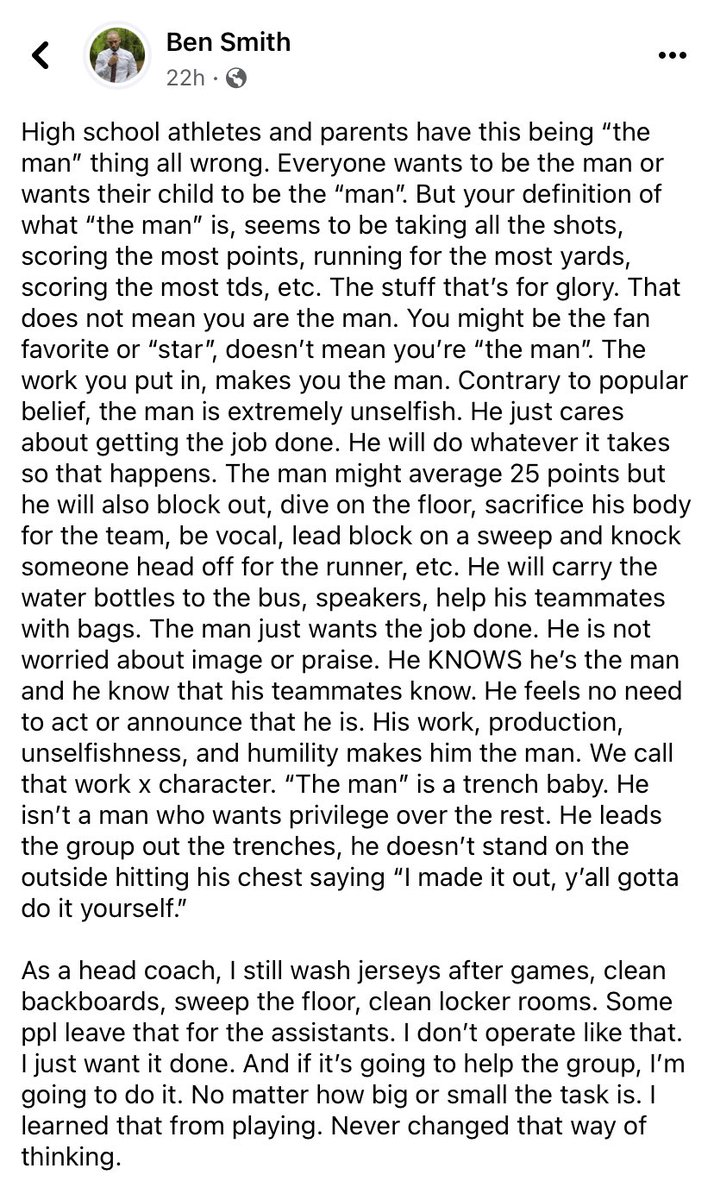 For HS players and the parents who want their child to be “the man”….take a second to read