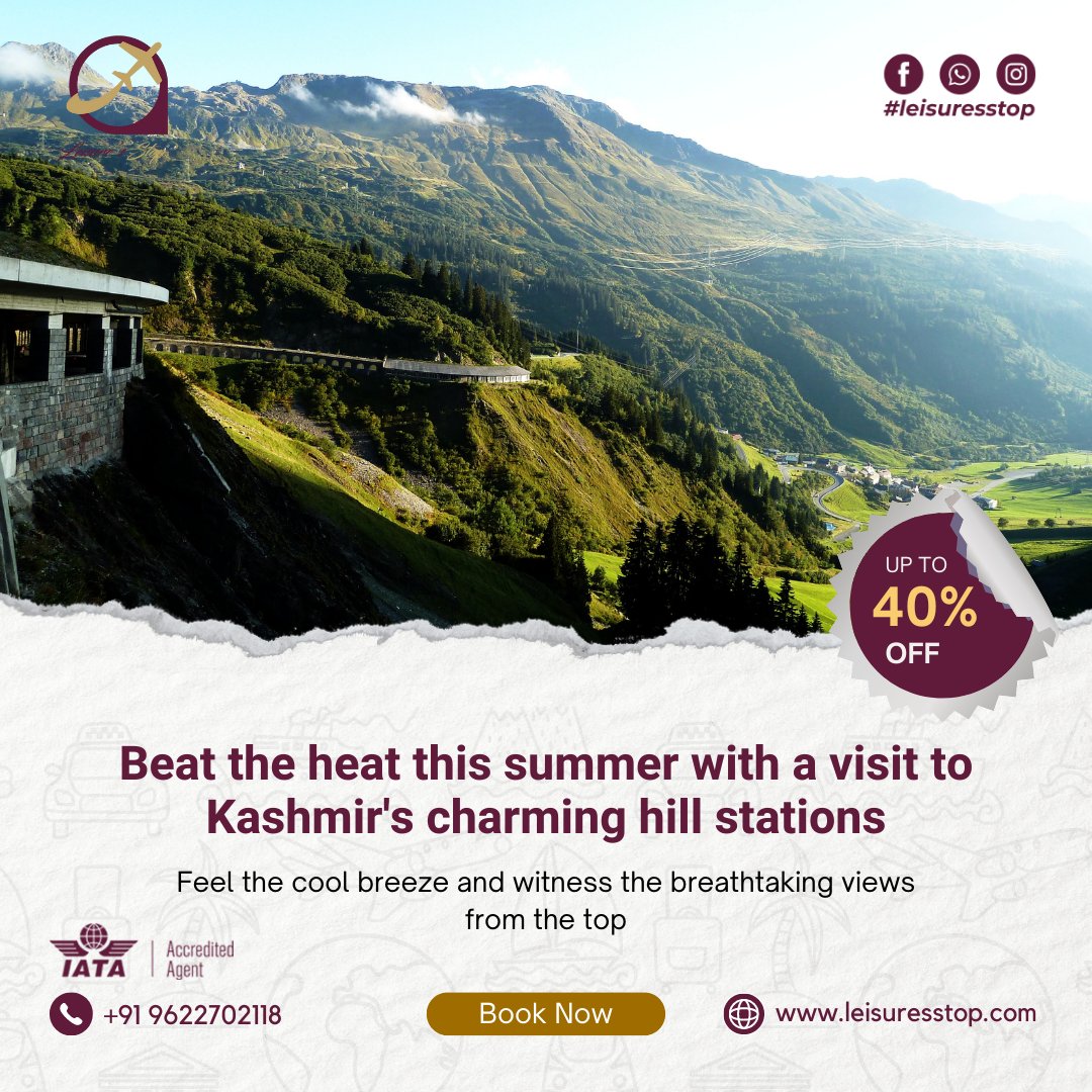 'Beat the heat this summer with a visit to Kashmir's charming hill stations. Feel the cool breeze and witness the breathtaking views from the top. 🏞️❄️

#LeisuresStop #HillStation #breathtaking #breathtakingviews #witness #summerflights #summervibes #summervacation #traveltour