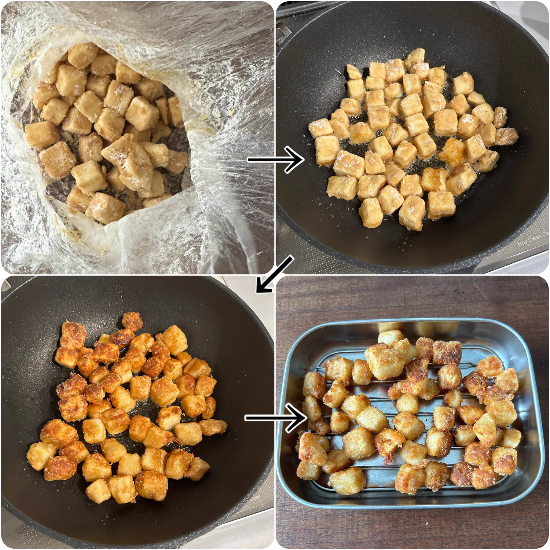 ①長芋200g(太めで6cm)は皮を剥き1.5cm角に切り袋に入れる
②醤油大さじ1、ゴマ油小さじ1を加えて揉み、片栗粉を加えまぶす(大さじ3位入れてネチャネチャにしてから追加で周囲が白くカサカサになるまで加える)
③フライパンに油を3ミリ程いれ中火で熱し、②を入れ両面こんがり焼き油をきって塩をふる 