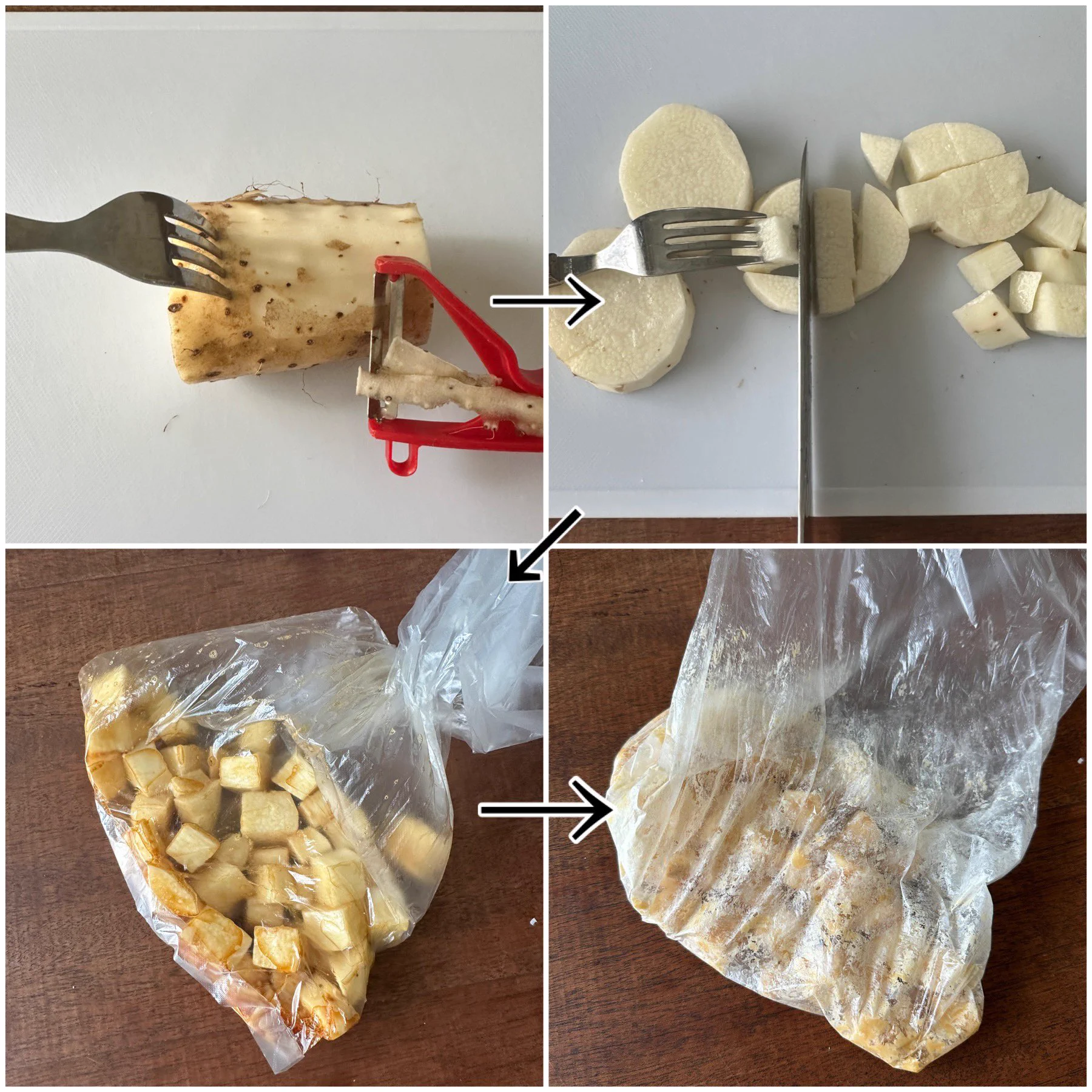 ①長芋200g(太めで6cm)は皮を剥き1.5cm角に切り袋に入れる
②醤油大さじ1、ゴマ油小さじ1を加えて揉み、片栗粉を加えまぶす(大さじ3位入れてネチャネチャにしてから追加で周囲が白くカサカサになるまで加える)
③フライパンに油を3ミリ程いれ中火で熱し、②を入れ両面こんがり焼き油をきって塩をふる 