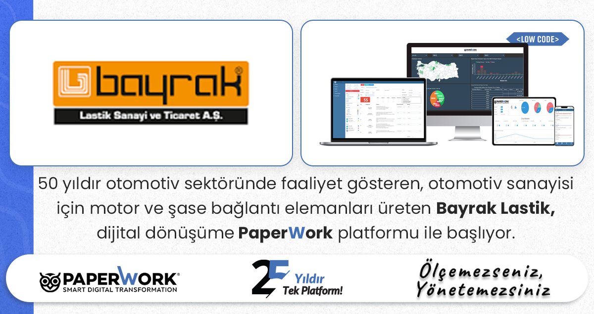 50 yıldır otomotiv sektöründe faaliyet gösteren, otomotiv sanayisi için motor ve şase bağlantı elemanları üreten Bayrak Lastik, dijital dönüşüm yolculuğuna PaperWork platformu ile başlıyor. 

#dijitaldönüşüm #bpm #PaperWork #Yapayzeka #LowCode #SAP #dokümanyönetimi #işakışı