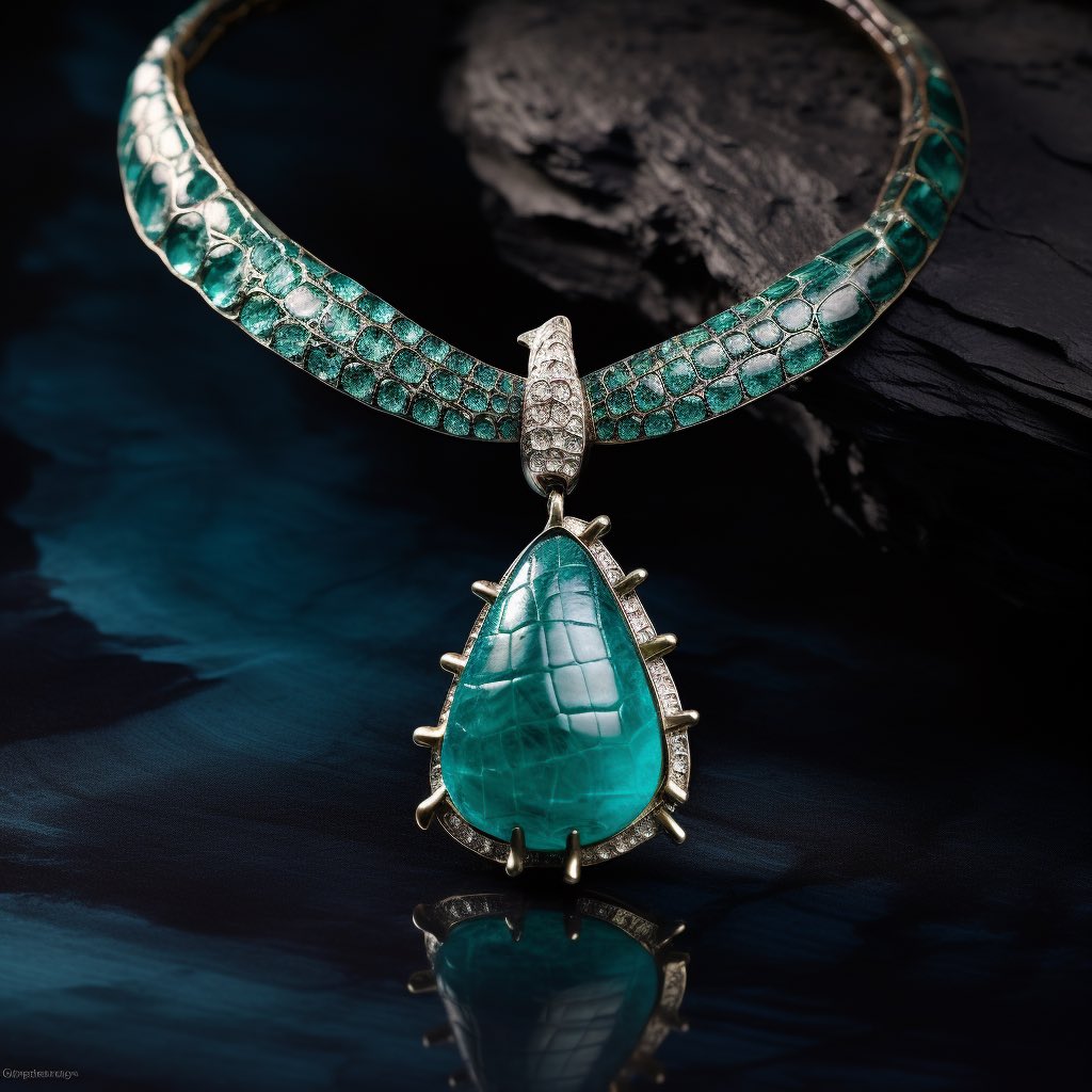 eka_koma's tweet photo. Crocodile emerald choker 🐊 

#ekakoma #ekakomajewelry #crocodile #jewelrydesigner #choker #aiart #AIArtCommuity #midjourneyart #midjourneyjewelry #aijewelry #jewelryartist #crocodilejewelry https://t.co/cc607MtjiJ