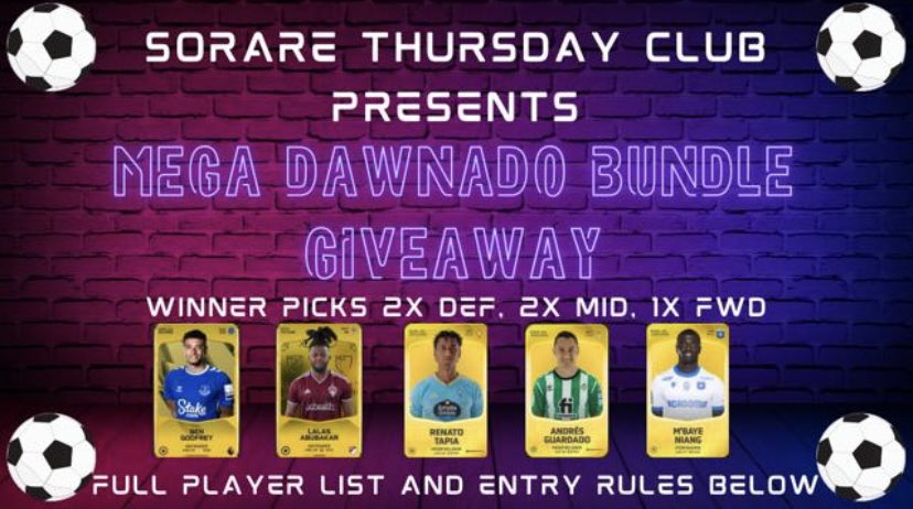JohnnyDaw12's tweet photo. 🚨 🚨 To celebrate our first @SR_ThursdayClub LIVE video (incl. signed shirt reveal) I will be doing a “Mega Dawnado Bundle Giveaway”
To enter:
👊 Retweet this
👊 Comment your Sorare name in the YouTube video comment section of this video: https://t.co/ucJKVG3Bl5
#SorareGiveaway https://t.co/sat3y7RizY