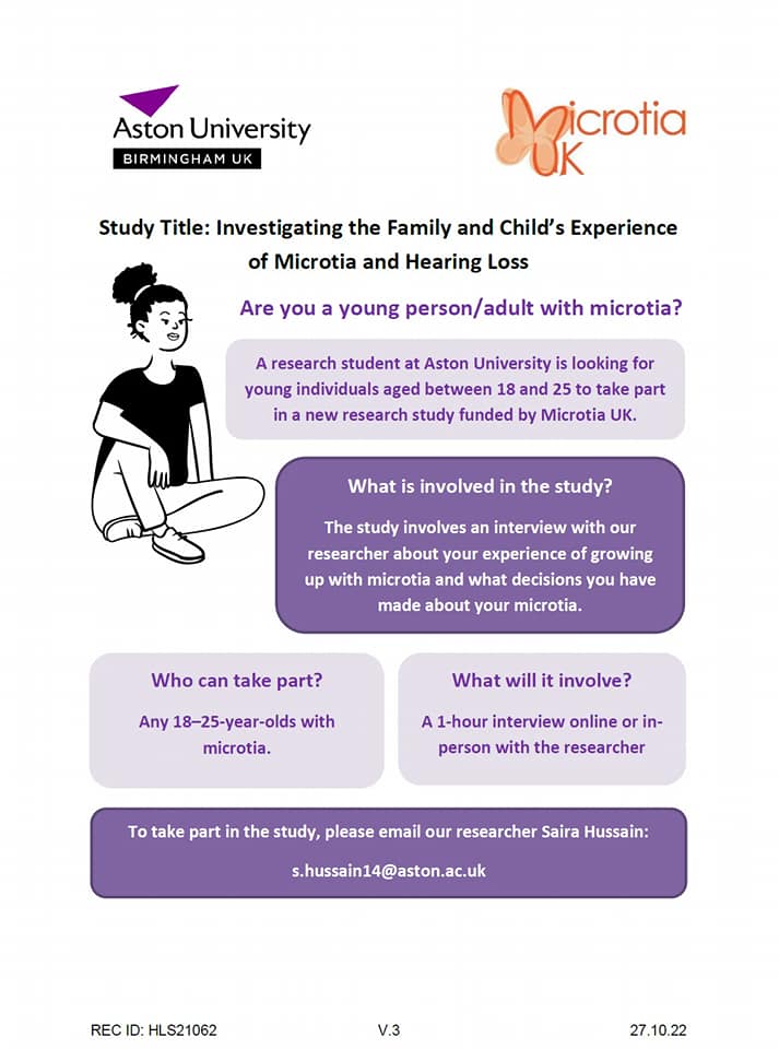 Microtia UK (@microtiauk) on Twitter photo Saira, from <a href="/AstonUniversity/">Aston University</a>, is looking for parents/carers of a child with microtia and children/adults who were born with microtia to interview as part of her study. Looking at the lived experiences of growing up with microtia & the hearing impact
Email s.hussain14@aston.ac.uk Saira, from <a href="/AstonUniversity/">Aston University</a>, is looking for parents/carers of a child with microtia and children/adults who were born with microtia to interview as part of her study. Looking at the lived experiences of growing up with microtia & the hearing impact
Email s.hussain14@aston.ac.uk