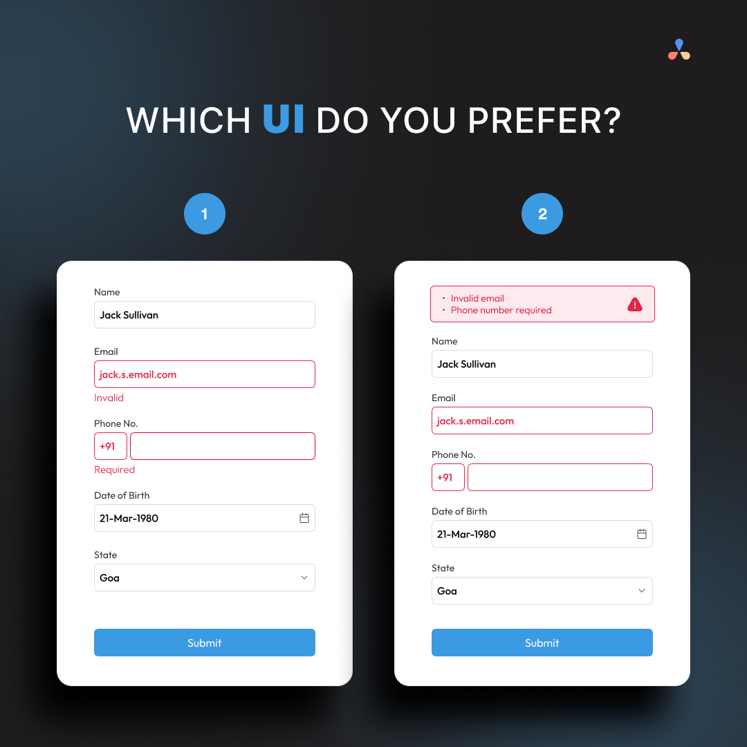 able_hq's tweet image. The way an error message is presented is integral to the efficacy of a form and can greatly affect the user experience. 📝❌⚠️ 
 
Which one do you think works better? 
#thisorthat #ui #uiuxdesign #uidesign #design #web #webdesign #uiux