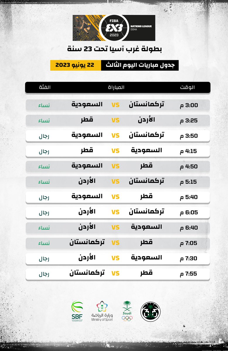 sbfksa's tweet photo. جدول مباريات المنتخب السعودي لكرة السلة 3x3 للرجال و السيدات في بطولة غرب آسيا تحت ٢٣ سنة في دولة قطر (اليوم الثالث) https://t.co/A0tofO0G3d