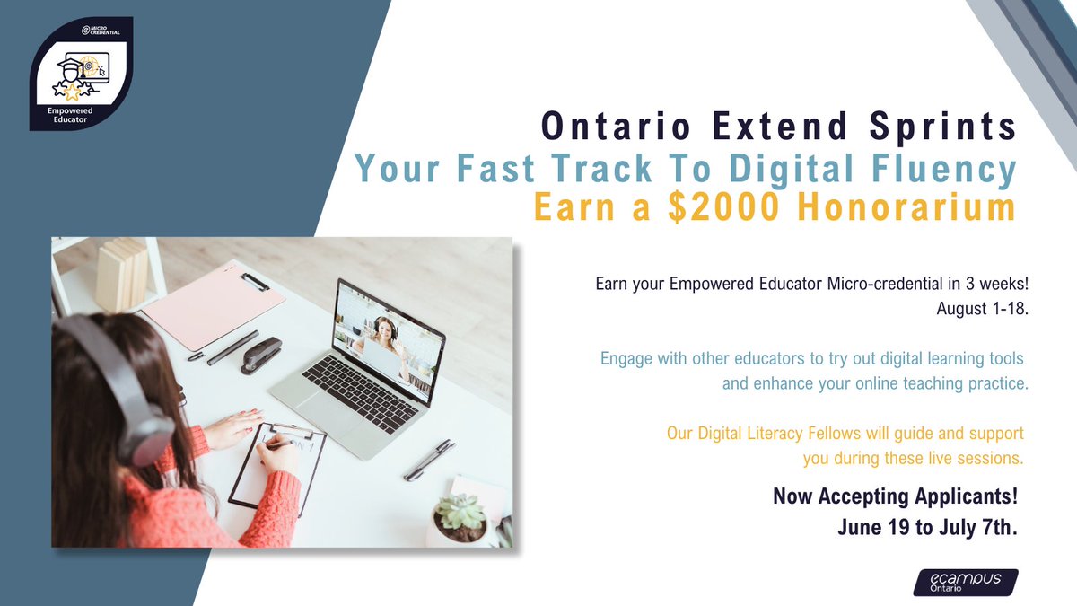 eCampusOntario's tweet photo. Ontario Extend Sprints📣 Join us from August 1-18 for an incredible learning experience. Engage with other postsecondary educators &amp; discover the power of digital learning in your teaching. 🌟  https://t.co/xWr16RjvwP

#EmpoweredEducator #DigitalLiteracy #HigherEd @ontarioextend https://t.co/g6gytGxlWR