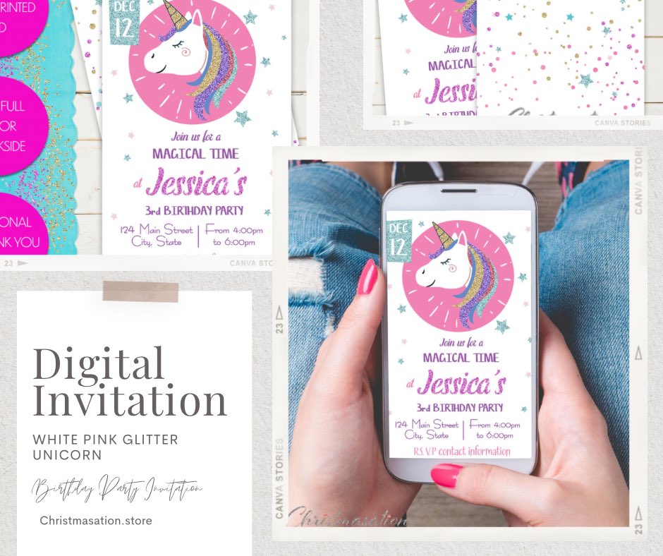Digital Invitations now available at my #etsy shop: 
Personalized White Unicorn Glitter and Confetti Birthday Party Invitation, Digital Download
etsy.com/listing/137850…
Print them or send them as an evite via email or text! #evite #unicorn #invitation #pottijune232023