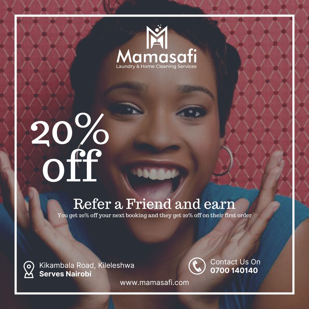 mamasafi's tweet photo. Introducing the RAFIKI OFFER. Refer a friend to use #Mamasafi services and get a 20% discount off your next booking. To get your referral code visit https://t.co/679qHibIyF https://t.co/H0ijsEKfDb